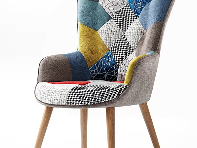 Colorful Patchwork Leisure Chair With Geometric Patterns And Wooden Legs 3d model