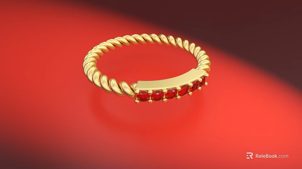 Elegant Gold Ring With Twisted Rope Band Adorned With Red Gemstones 3d model 
