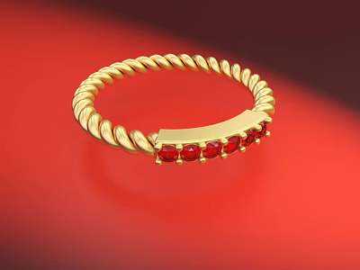 Elegant Gold Ring With Twisted Rope Band Adorned With Red Gemstones 3d model