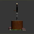 Wooden Axe Embedded In Tree Stump With Green Grass And Pink Mushrooms