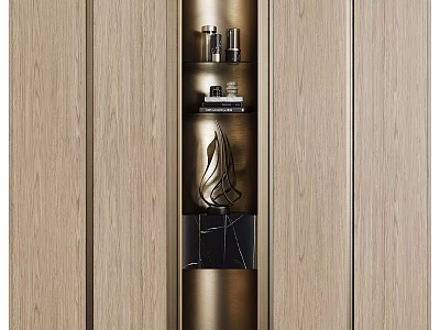 Modern Wooden Bookshelf Interior Design With Open Shelves And Decorative Items On 3d model