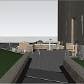 Modern Urban Plaza Landscape With Contemporary Building Lush Greenery And Stone Pathways