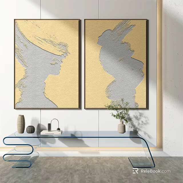 Abstract Yellow Gray Wall Art With Blue Console Table And Vase Decor Items 3d model