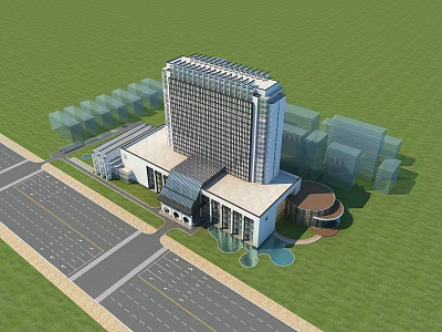 Modern High Rise Hotel Building With Glass Facade And Green Landscape 3d model
