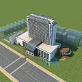 Modern High Rise Hotel Building With Glass Facade And Green Landscape