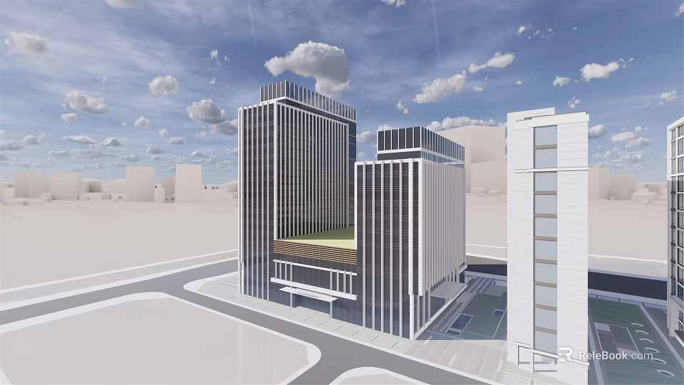 Twin Modern Office Buildings With Glass Facades Green Roofs And Surrounding Roads 3d model 