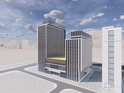 Twin Modern Office Buildings With Glass Facades Green Roofs And Surrounding Roads 3d model