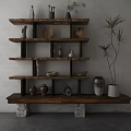 Natural Wood Multi Tiered Storage Shelf With Decorative Pottery And Potted Plant
