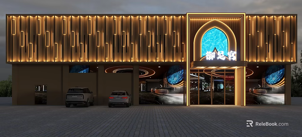 Modern Luxury Club Exterior With Illuminated Facade Arch Window And Parking Area 3d model 