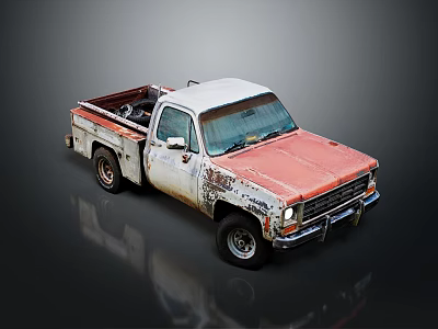 Old Rusty Pickup Truck With White Roof And Red Weathered Body 3d model