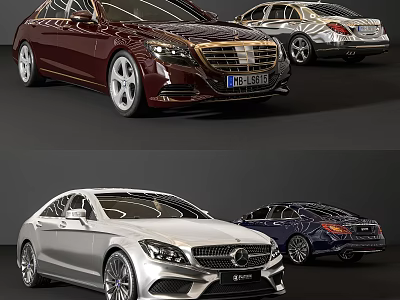 Luxury Sedans in Red Silver and Dark Blue with Modern Exterior Design 3d model