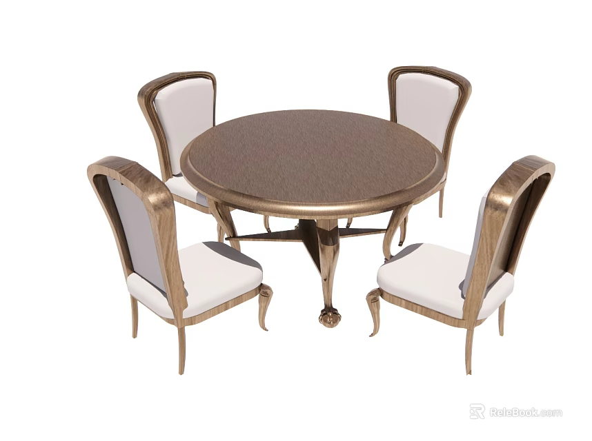 Elegant Round Dining Table With Four Light Upholstered Chairs And Golden Frame 3d model