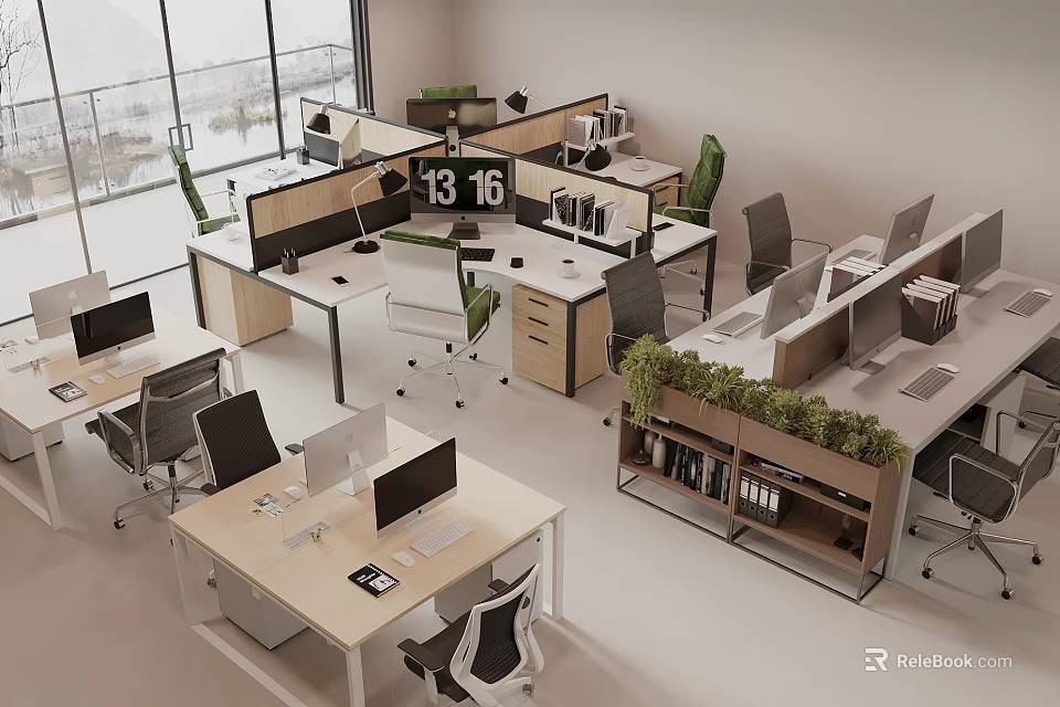 Modern Office Desk Setup In Open Workspace With Computers Green Plants Clock And Partitions 3d model 