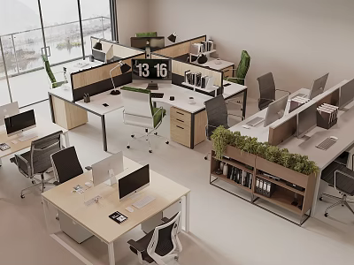 Modern Office Desk Setup In Open Workspace With Computers Green Plants Clock And Partitions 3d model