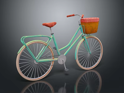 Vintage Light Green Bicycle With Red Seat And Front Wicker Basket White Rims 3d model