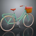 Vintage Light Green Bicycle With Red Seat And Front Wicker Basket White Rims