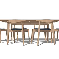 Modern Wooden Dining Table Set With Chairs And Blue Cushions 3d model