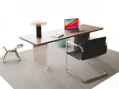 Modern Black Office Chair With Wooden Desk Laptop And Lamp In Workspace 3d model
