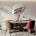 Modern Dining Room Interior With Dining Table Multi Colored Chairs Round Mirror And Natural Light 3d model