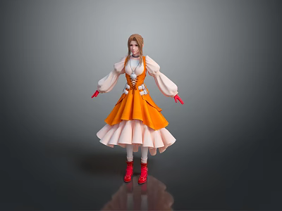 Brown Haired Woman In Orange Dress With White Sleeves Red Gloves And Red Shoes 3d model