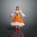 Brown Haired Woman In Orange Dress With White Sleeves Red Gloves And Red Shoes