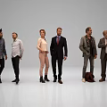 Group of Six People Standing Together in Various Casual and Formal Outfits on Gray Background