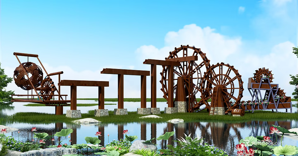 Garden Ornaments With Wooden Water Wheels Pond Lotus Flowers Green Plants Blue Sky White Clouds 3d model 