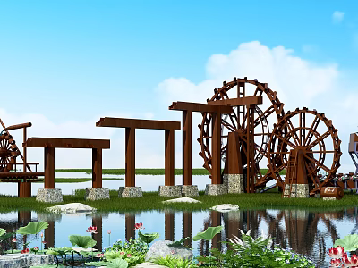 Garden Ornaments With Wooden Water Wheels Pond Lotus Flowers Green Plants Blue Sky White Clouds 3d model
