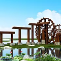 Garden Ornaments With Wooden Water Wheels Pond Lotus Flowers Green Plants Blue Sky White Clouds