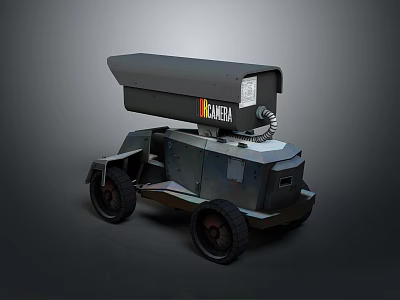 Ackerman Wheeled Mobile Equipment Unit with Top Mounted Surveillance Device and Durable Mechanical Frame 3d model