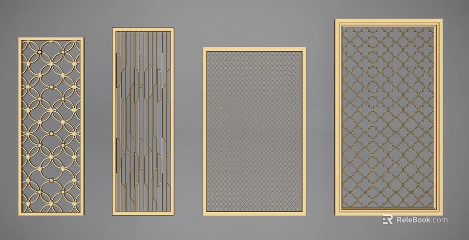 Modern Room Dividers With Golden Frames And Various Perforated Patterns 3d model 