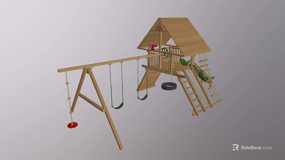 Wooden Kids Outdoor Playground Equipment with Swings Slide Climbing Ladder and Roofed Structure 3d model 