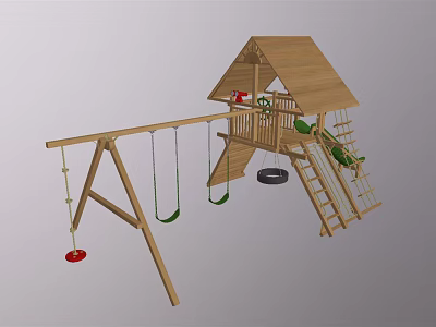 Wooden Kids Outdoor Playground Equipment with Swings Slide Climbing Ladder and Roofed Structure 3d model