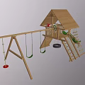 Wooden Kids Outdoor Playground Equipment with Swings Slide Climbing Ladder and Roofed Structure