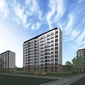 Modern Mid Rise Residential Building Exterior Design With Green Lawn Trees And Benches