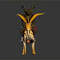 Mythical Character Riding Yellow Horned Creature With Red Saddle And Ornate Horns