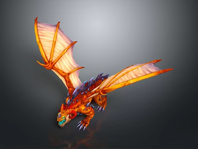 Mythical Dragon With Orange Glowing Wings And Scaled Red Blue Body 3d model