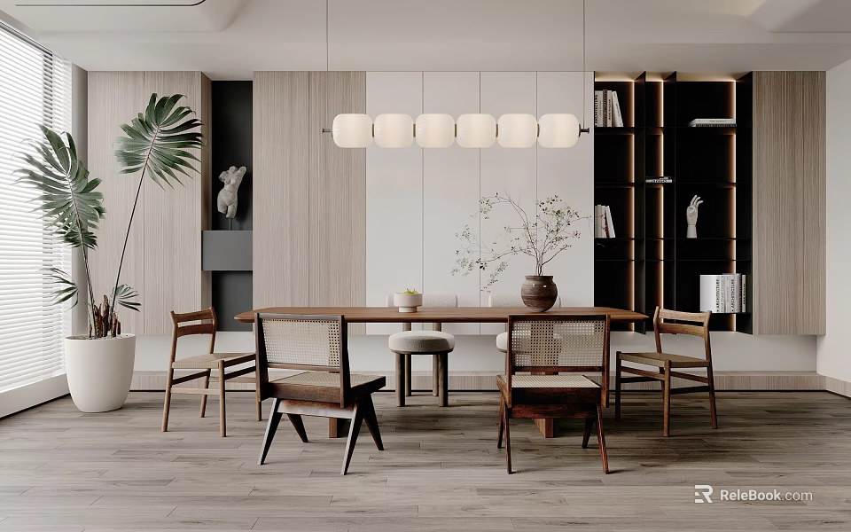 Minimalist Restaurant Interior Featuring Wooden Dining Table Pendant Lights Green Plants And Bookshelves 3d model 
