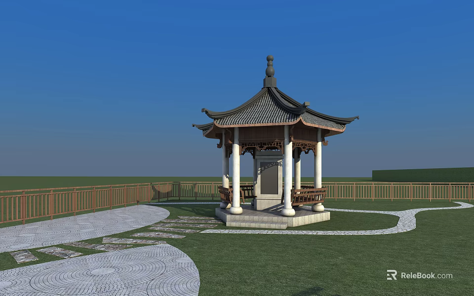 Chinese-style Pavilion With Black Tiled Roof White Pillars Grassy Area Stone Paths And Wooden Fence 3d model 