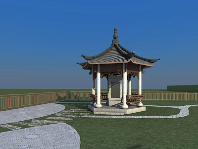 Chinese-style Pavilion With Black Tiled Roof White Pillars Grassy Area Stone Paths And Wooden Fence 3d model