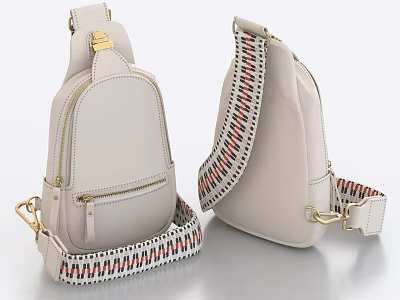 Light Gray Sling Bag With Patterned Strap And Gold Hardware 3d model