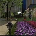 Scenic Residential Landscape With Tall Trees Colorful Flower Beds Lamp Post And Garden Pathway