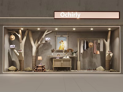 Ochirly Shop Window Display With Tree Like Decorations Hanging Clothes Hats And Shoes 3d model