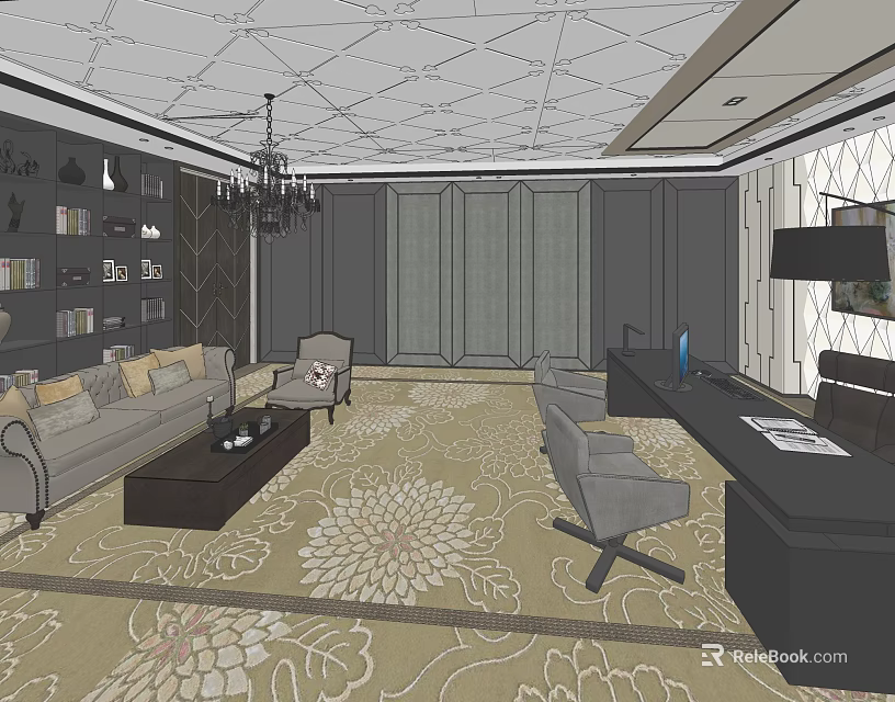 Elegant Office Interior Design With Chandelier Bookshelves Sofa Floral Carpet Desk And Office Chairs 3d model 