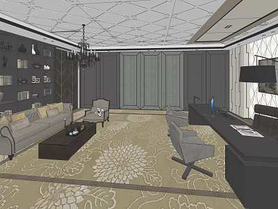 Elegant Office Interior Design With Chandelier Bookshelves Sofa Floral Carpet Desk And Office Chairs 3d model