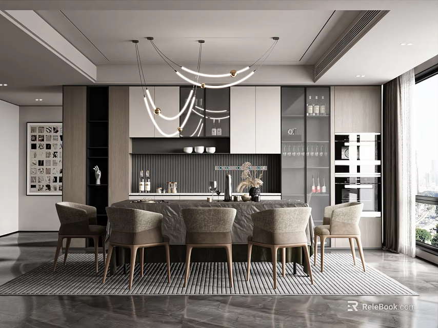 Elegant Modern Restaurant Interior With Dining Table Chairs And Stylish Pendant Lights 3d model 