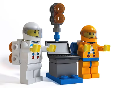 Fun Lego Building Blocks With White Orange Astronaut Figures And Control Console Station 3d model