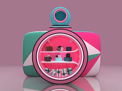 Fashionable Circular Display Shelf With Pink Green White Design And Cameras Books Cosmetics 3d model