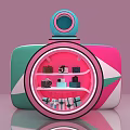 Fashionable Circular Display Shelf With Pink Green White Design And Cameras Books Cosmetics