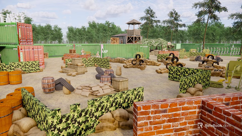 Outdoor Simulated Battlefield Setup With Camouflage Netting Sandbags Wooden Barrels Red Brick Walls And Watchtower 3d model 
